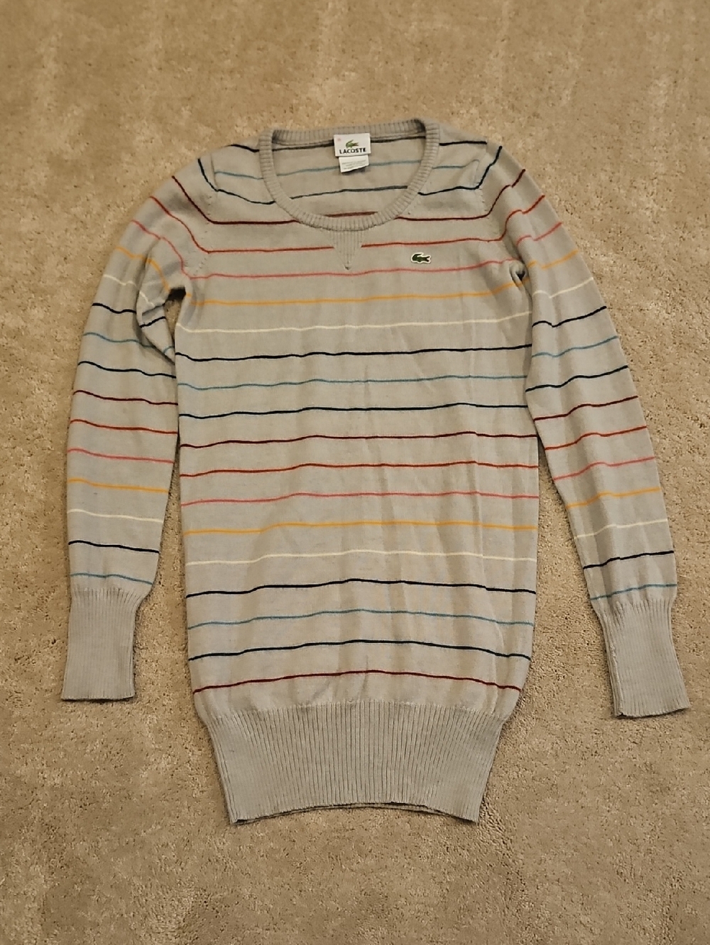 Lacoste Light Gray Crewneck Sweater with Multicolor Stripes
